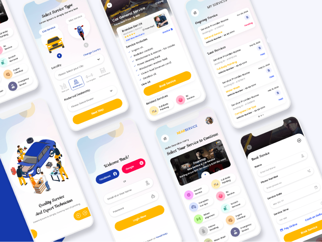 A sample interface for Mechanic app with multiple app screens