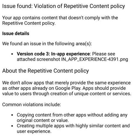 Repetitive Content Policy for Apps
